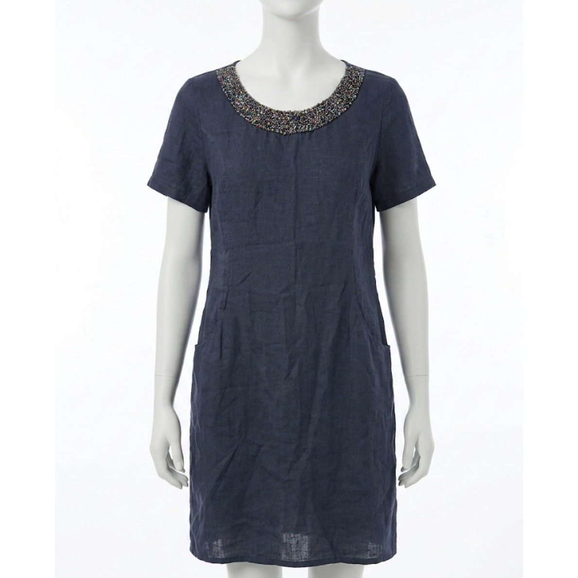 Lina Tomei Italy Navy Blue Linen Dress Large Embellished Beaded Neckline Pockets